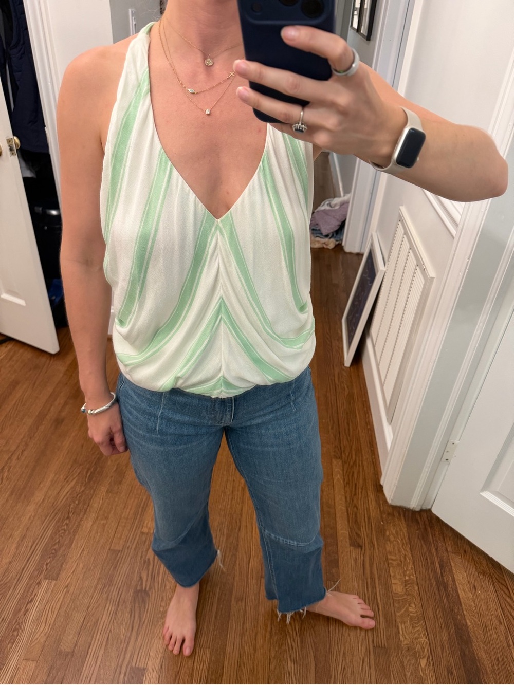 Ella Moss Green and White Striped V-Neck Halter Camisole
